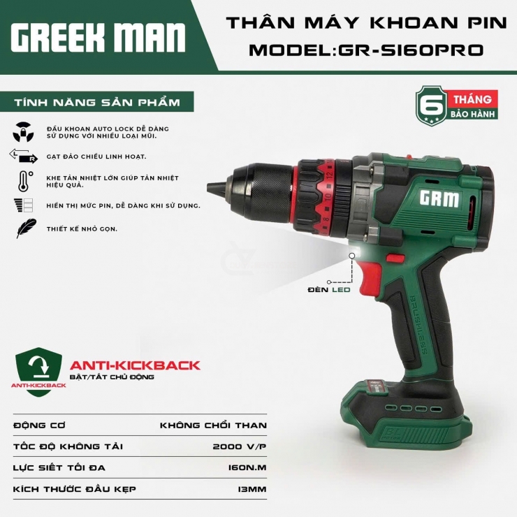 Máy khoan Pin 160Nm Greekman GR-S160PRO Antikick Back On/Off