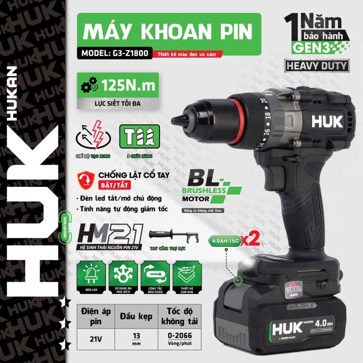 Máy khoan Pin 125Nm Hukan HM21-G3-Z1800 Tạo xung , Antikick Back On/Off