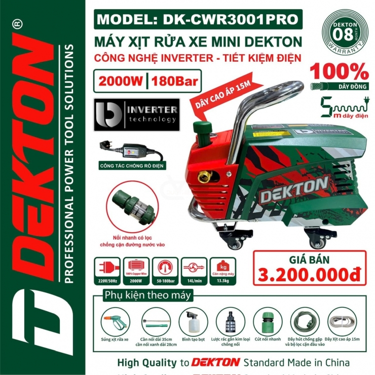 Máy xịt rửa áp cao 180Bar Dekton DK-CWR3001Promax Inverter Xe Đẩy