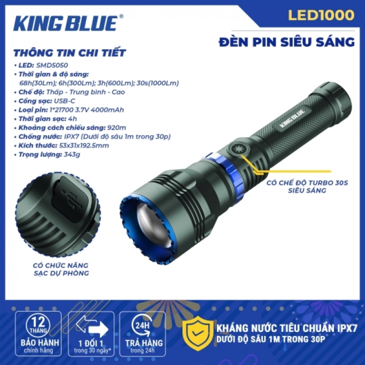 Đèn Pin chiếu xa siêu sáng Kingblue LED1000