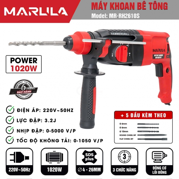 Máy khoan bê tông 1010W Marula MR-RH2601S