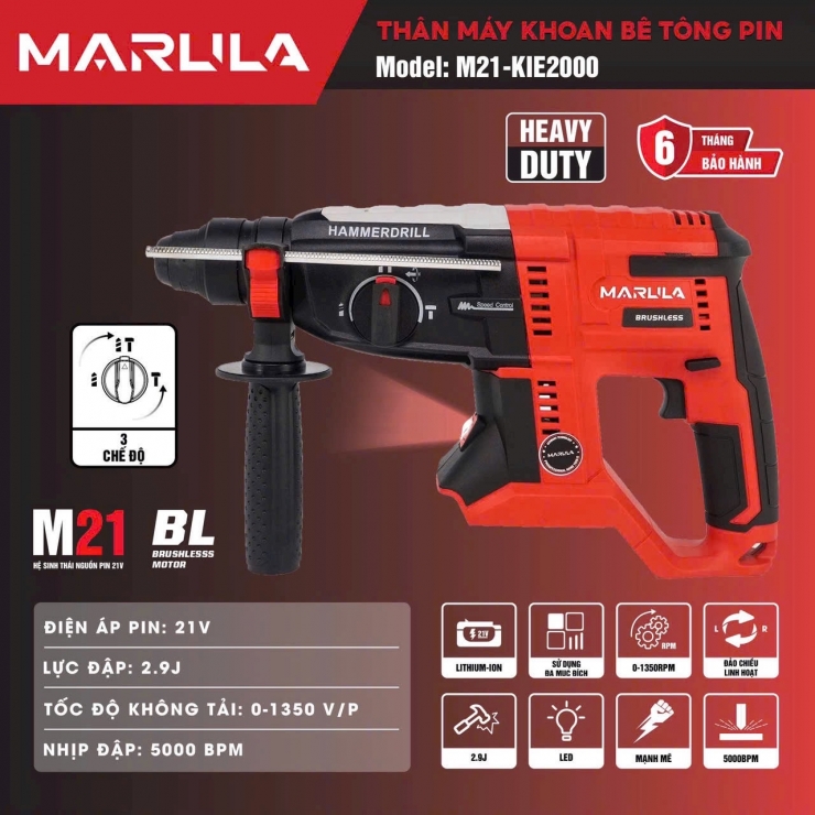 Máy khoan bê tông Pin 21V Marula M21-KIE2000 3 chức năng