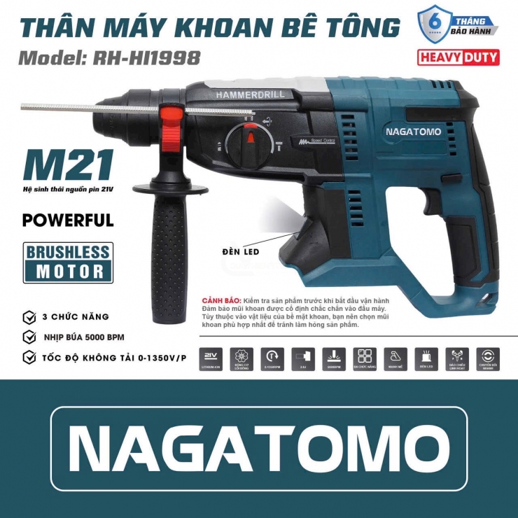 Máy khoan bê tông Pin 21V Nagatomo RH-HI1998 3 chức năng