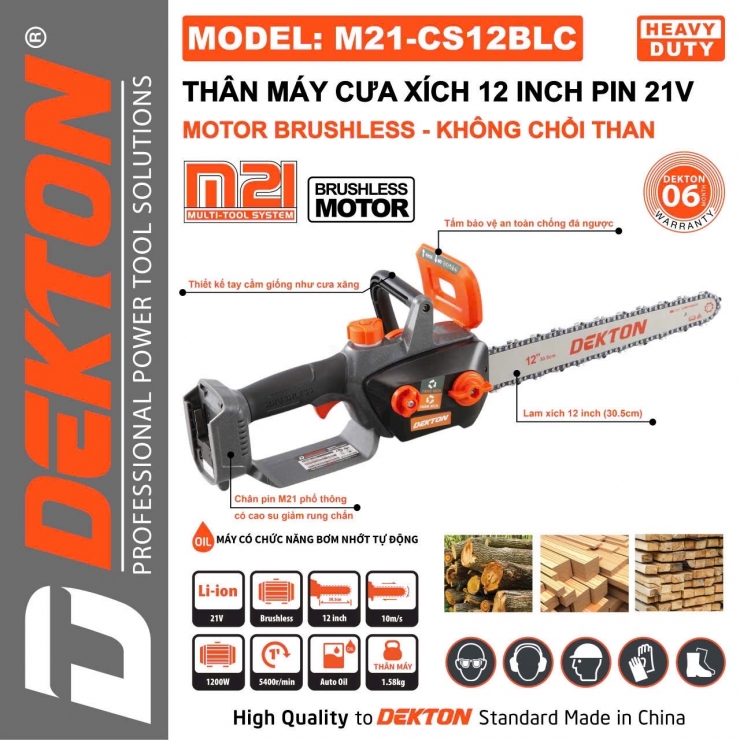 Máy cưa xích Pin 21V Dekton M21-CS12BLC Brushless 12inch