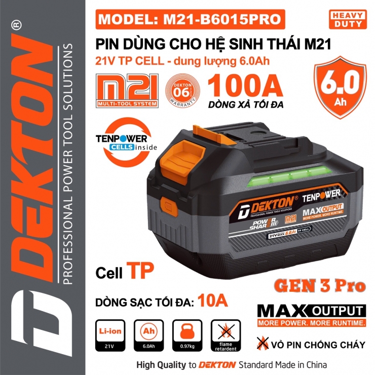 Pin 21V Dekton 6.0Ah M21-B6015PRO Gen 3