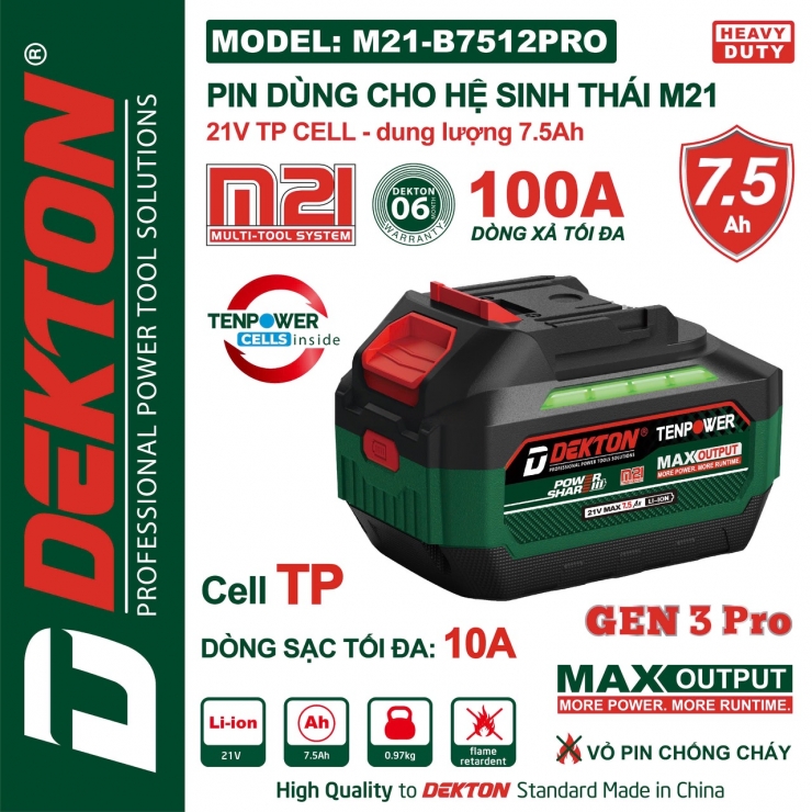 Pin 21V 15cell 7.5Ah Dekton M21-B7512PRO Gen 3