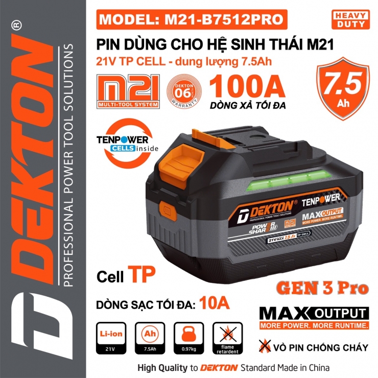 Pin 21V 15cell 7.5Ah Dekton M21-B7512PRO Gen 3