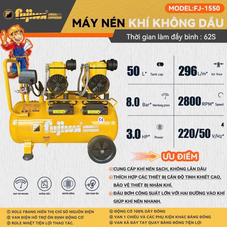 Máy nén khí không dầu 50 lít 3.0Hp Fujiwa FJ-1550