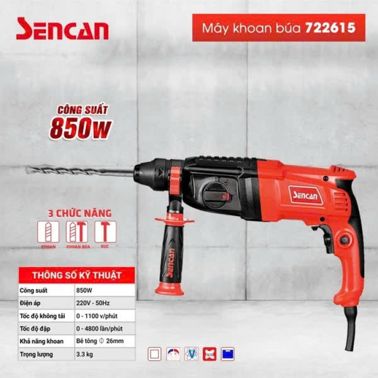 Máy khoan búa 850W 3 chức năng Sencan 722615 