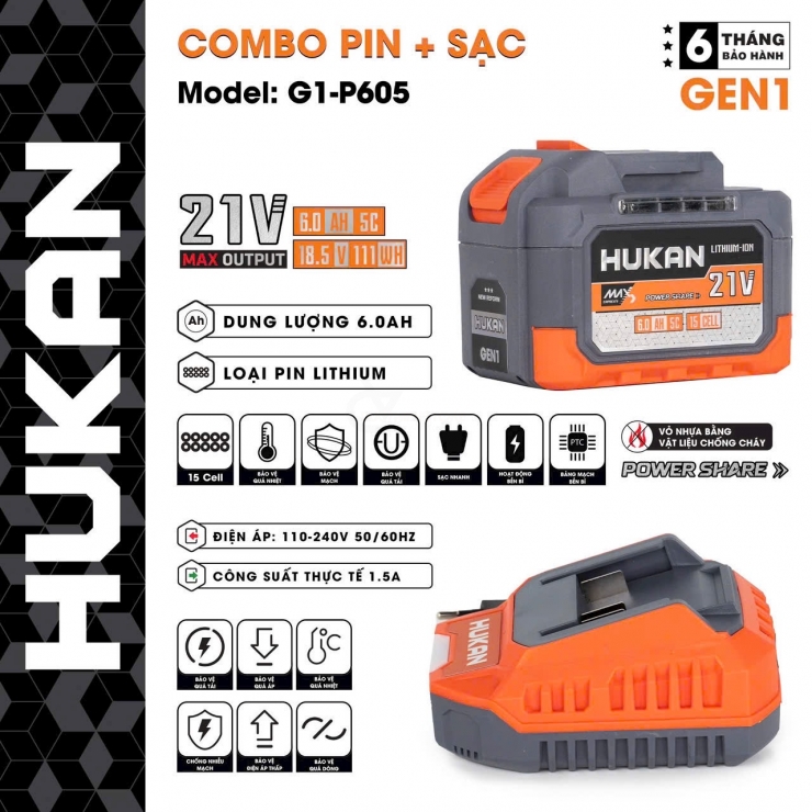 Pin Hukan 21V 6.0Ah M21-G1-P605 