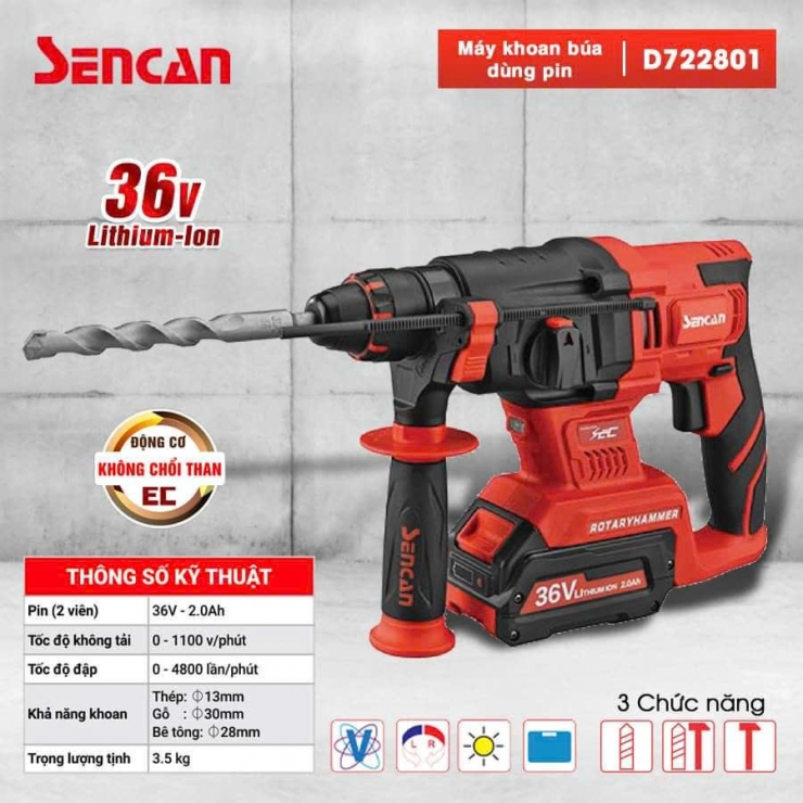 Máy khoan bê tông Pin 18V Sencan D722301 Brushless