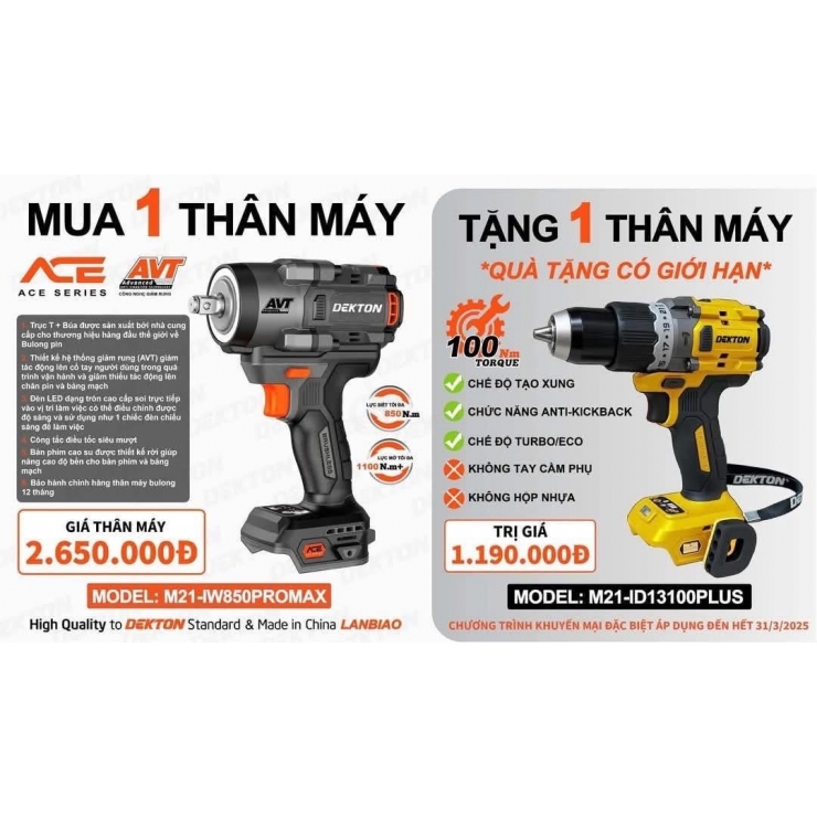 Combo máy siết bulong 850Nm Pin 21V Dekton M21-IW850PROMAX Gen4
