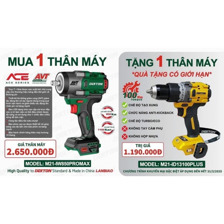 Combo máy siết bulong 850Nm Pin 21V Dekton M21-IW850PROMAX Gen4