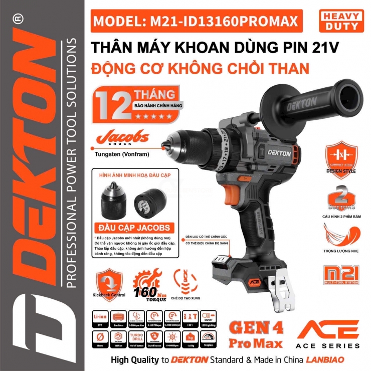 Máy khoan Pin 160Nm Dekton M21-ID13160PROMAX đầu kẹp 13mm Jacob