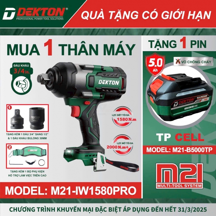 Combo máy siết bulong 3/4" dùng Pin 21V Dekton M21-IW1580PRO