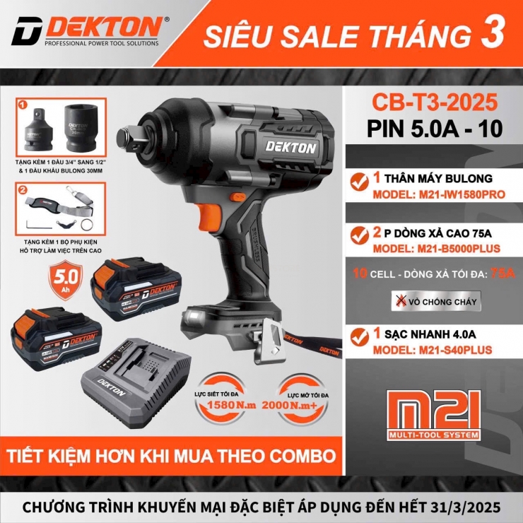 Combo máy siết bulong 3/4" dùng Pin 21V Dekton M21-IW1580PRO