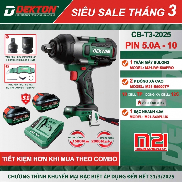 Combo máy siết bulong 3/4" dùng Pin 21V Dekton M21-IW1580PRO