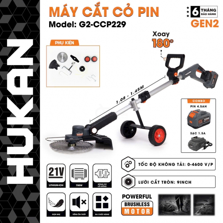 Máy cắt cỏ Pin 21V Hukan G2-CCP229 Brushless