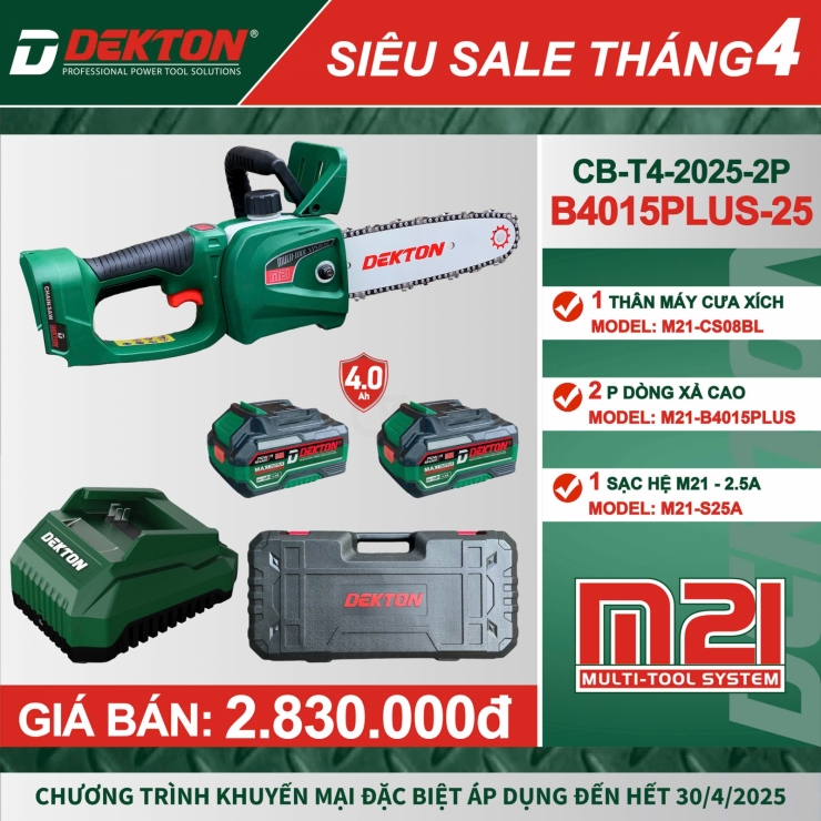 Combo Máy cưa xích Pin 21V Dekton M21-CS08BL + pin và sạc