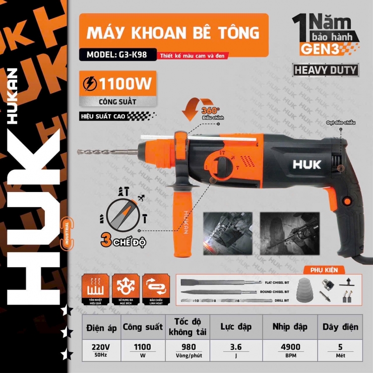 Máy khoan bê tông Hukan G3-K98 ( 3 chức năng )