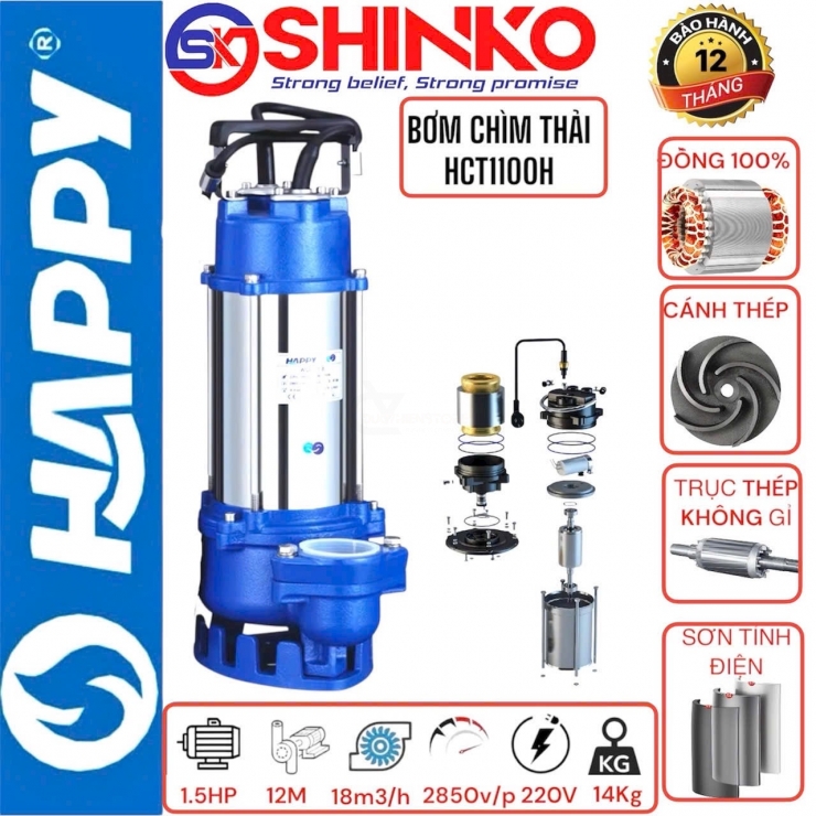 Máy bơm chìm nước thải Inox 1.1kW Happy HCT1100H