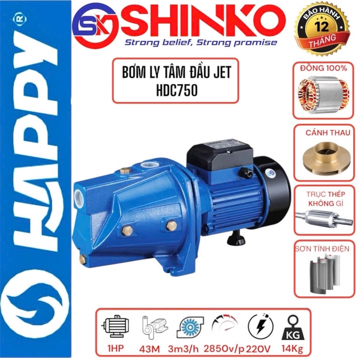 Máy bơm đầu lợn đẩy cao 33m Happy HDC750
