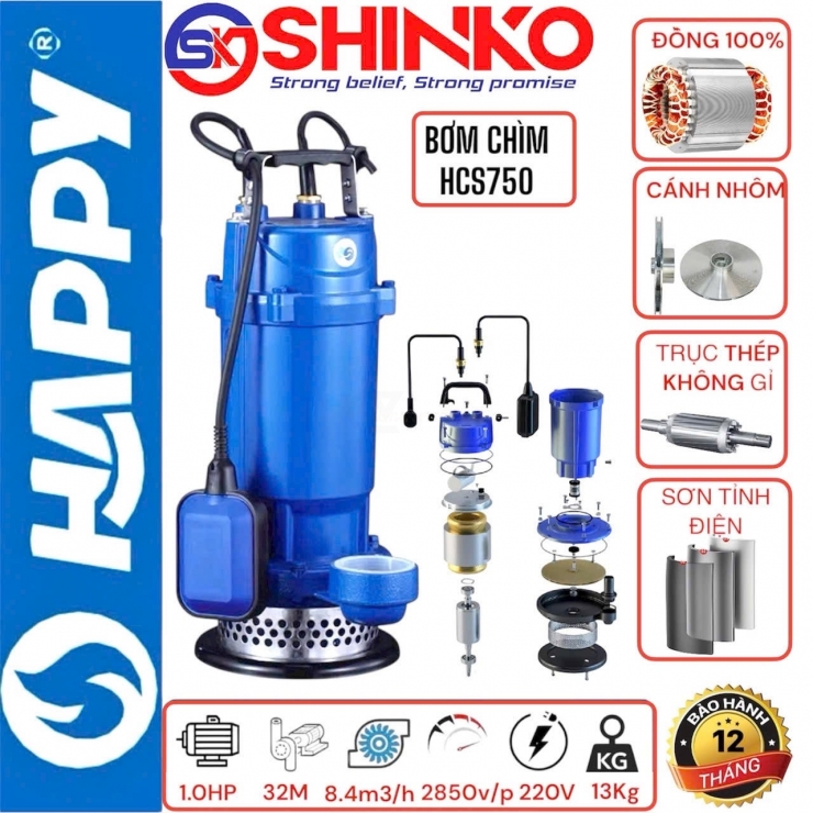 Máy bơm chìm nước sạch 750W Happy HCS750 phao tự ngắt