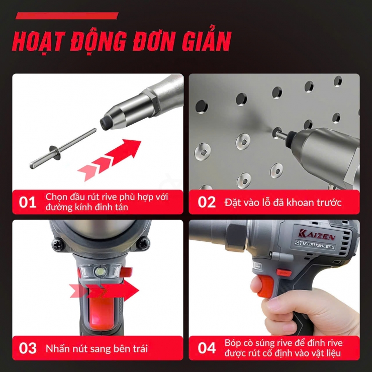 Máy rút rive Pin 21V Greekman GR-RIV315 ( 2.4-5.0mm ) ( chưa Pin & Sạc )