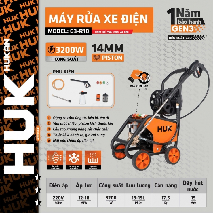 Máy rửa xe áp cao 3200W Hukan G3-R10 xe đẩy