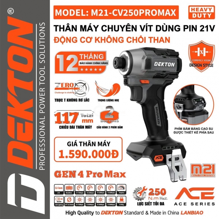 Thân máy bắn vít Pin 21V Dekton M21-CV250PROMAX Gen 4