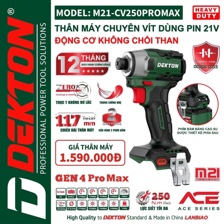 Thân máy bắn vít Pin 21V Dekton M21-CV250PROMAX Gen 4