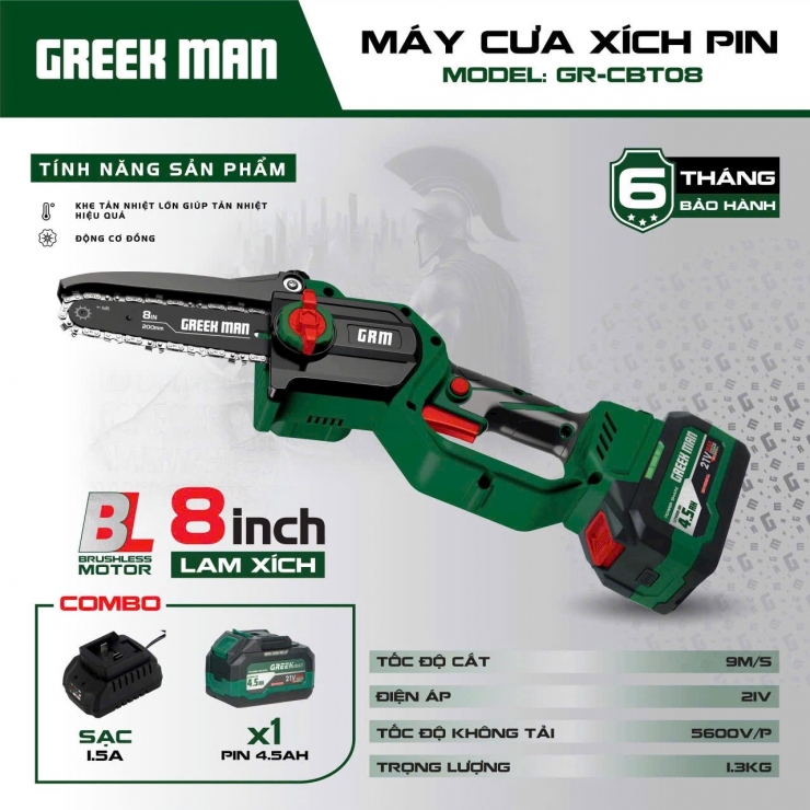 Combo máy cưa xích 8 inch Pin 21V Greekman GR-CBT08