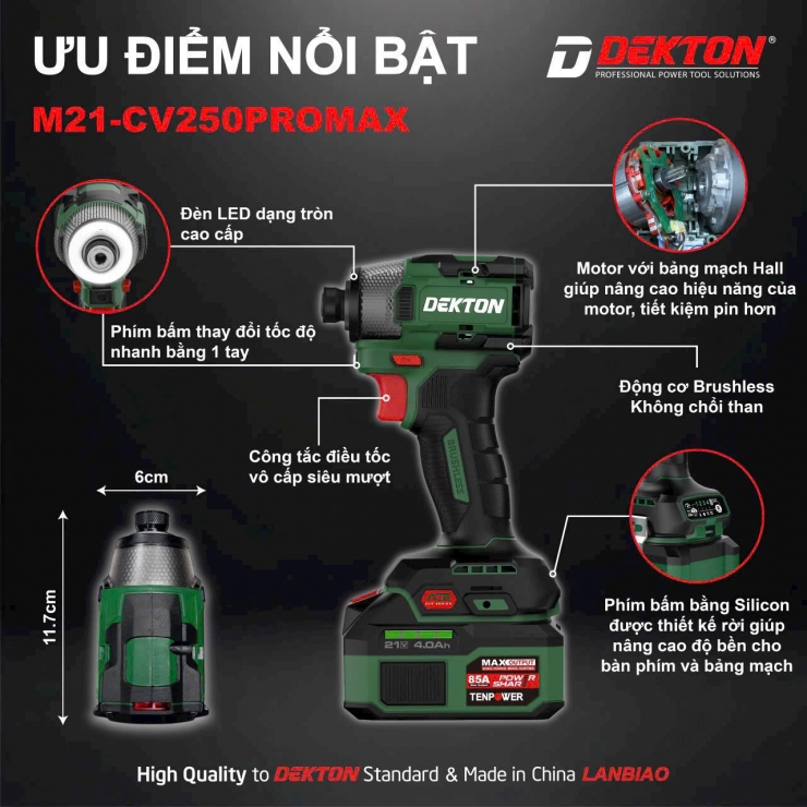 Thân máy bắn vít Pin 21V Dekton M21-CV250PROMAX Gen 4