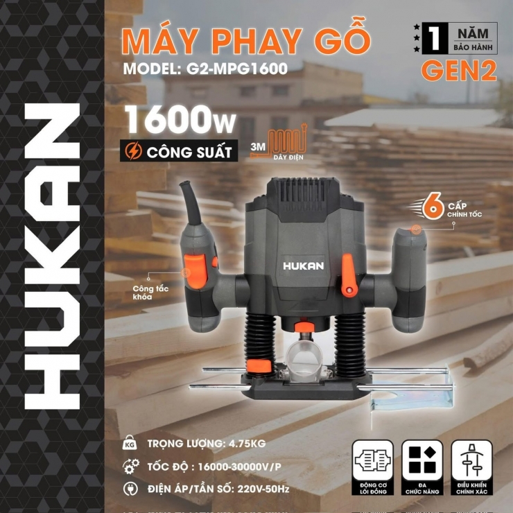 Máy phay chỉnh tốc 2 tay cầm Hukan G2-MPG1600