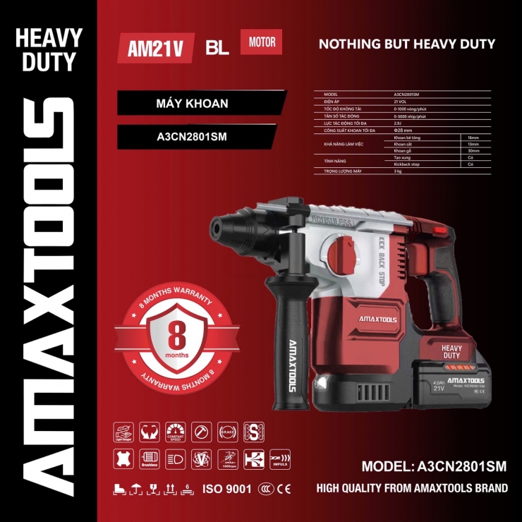 Máy khoan bê tông Pin 21V Amaxtools A3CN2801SM Black Hammer