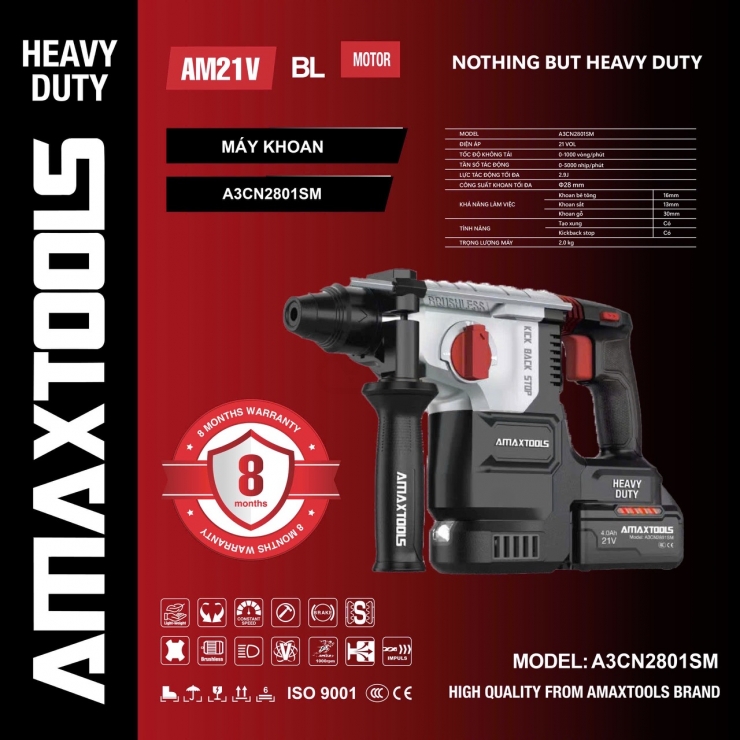 Máy khoan bê tông Pin 21V Amaxtools A3CN2801SM Black Hammer