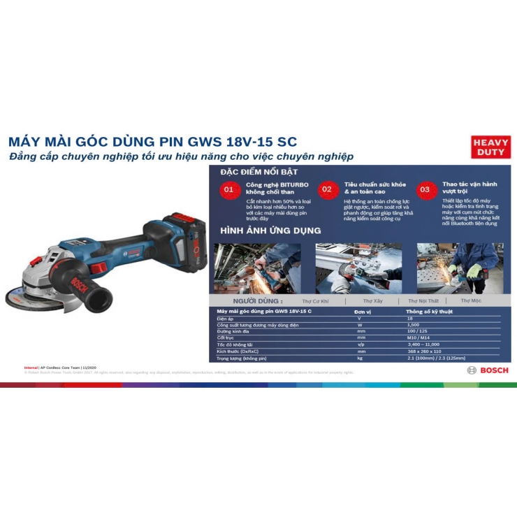 Mài Pin BITURBO Bosch GWS 18V-15 SC/PSC Professional ( chưa Pin & Sạc )