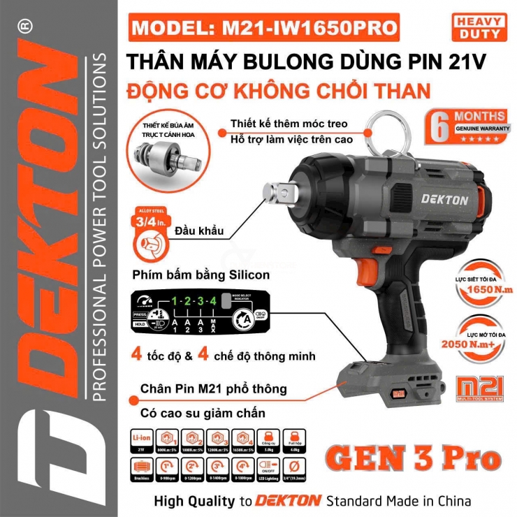 Máy bắn bulong 1650Nm Pin 21V Dekton M21-IW1650PRO ( chưa Pin & Sạc )