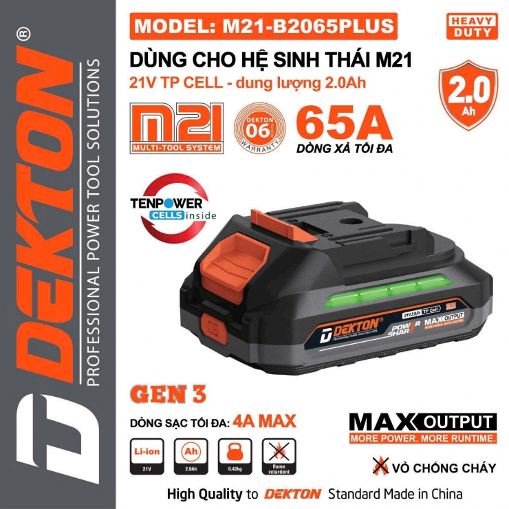 Pin 21V 2.0Ah Dekton M21-B2065PLUS gen 3