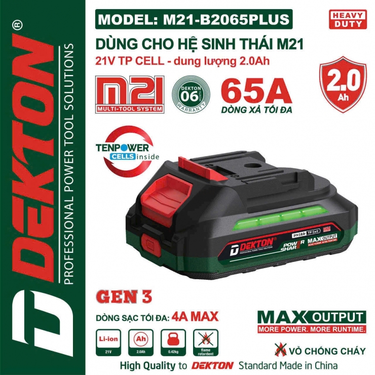 Pin 21V 2.0Ah Dekton M21-B2065PLUS gen 3