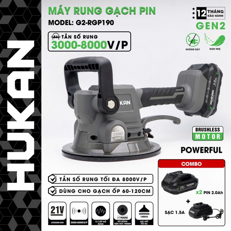 Máy rung lát gạch Pin 21V Hukan G2-RGP190 ( chưa Pin & Sạc  )