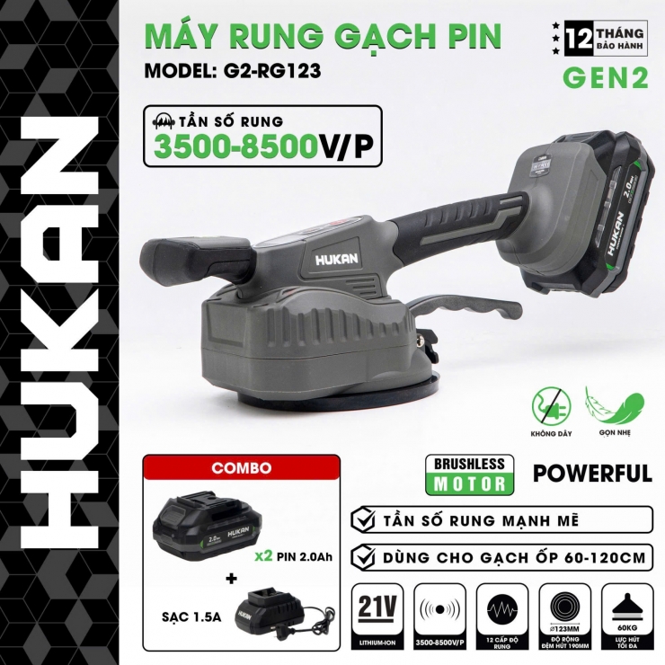 Máy rung lát gạch Pin 21V Hukan G2-RG123 ( chưa Pin & Sạc )
