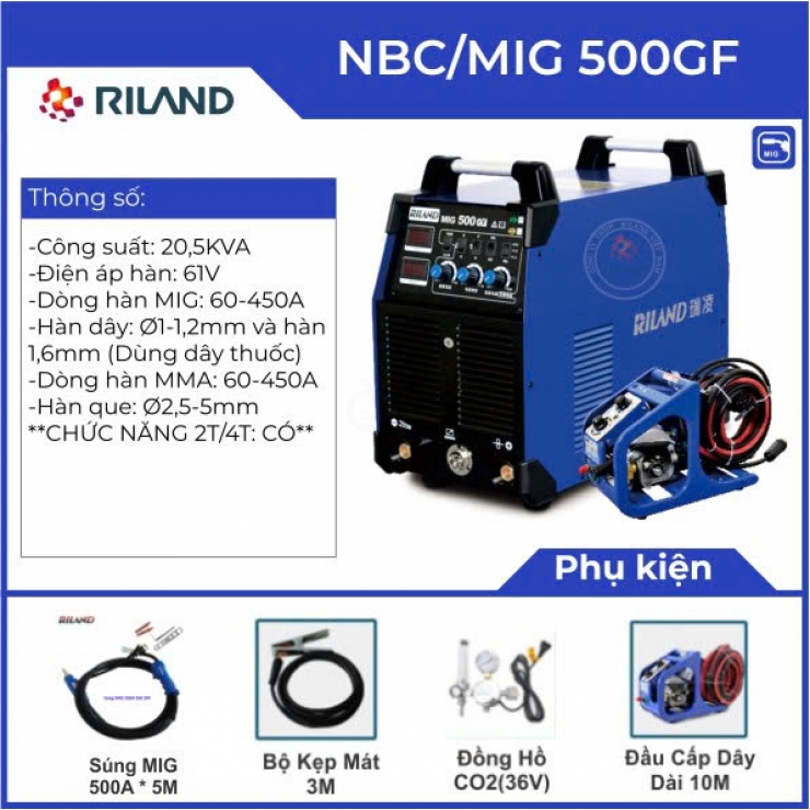 Máy hàn MIG 500A công nghiệp Riland NBC 500GF Professional
