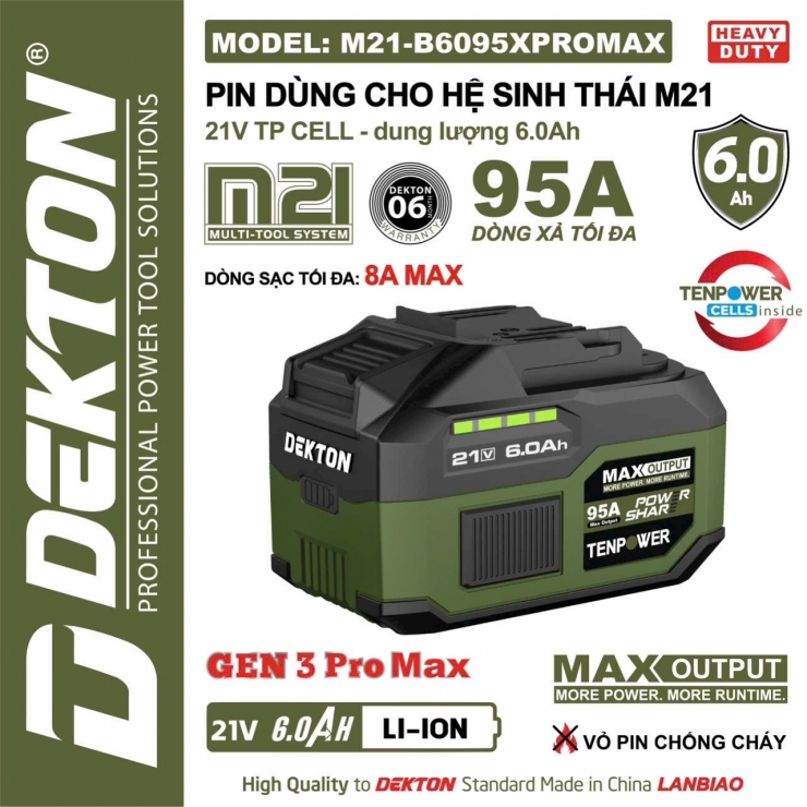 Pin 6A 21V Dekton M21-B6095XPROMAX dòng xả 95A