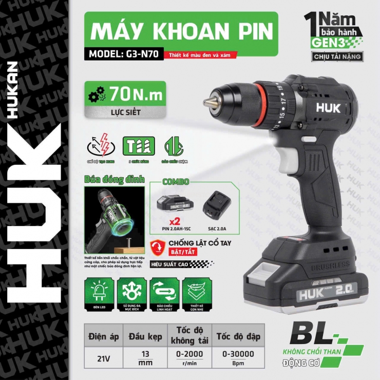Combo máy khoan Pin 21V Hukan G3-N70 Brushless