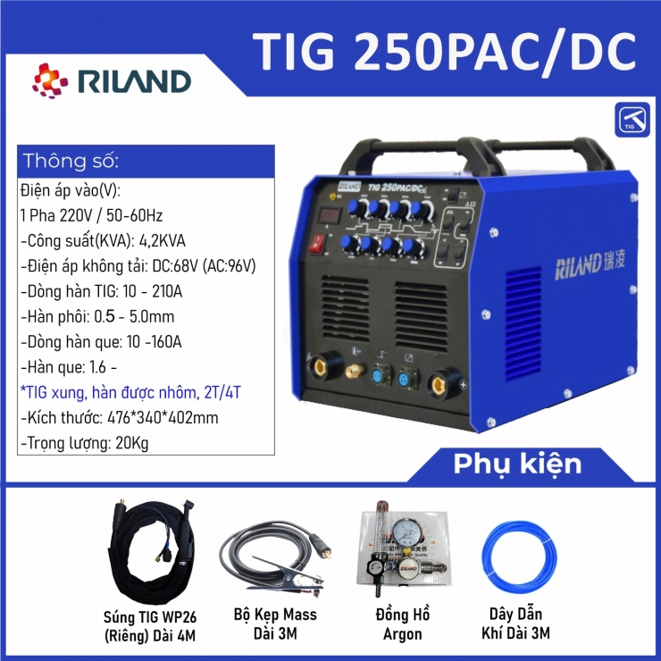 Máy hàn Tig nhôm Riland TIG 250PAC/DC Professional
