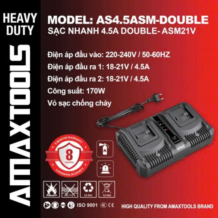Sạc đôi 4.5Ah Amaxtools AS4.5ASM Double ( chân Pin M21 thông dụng )