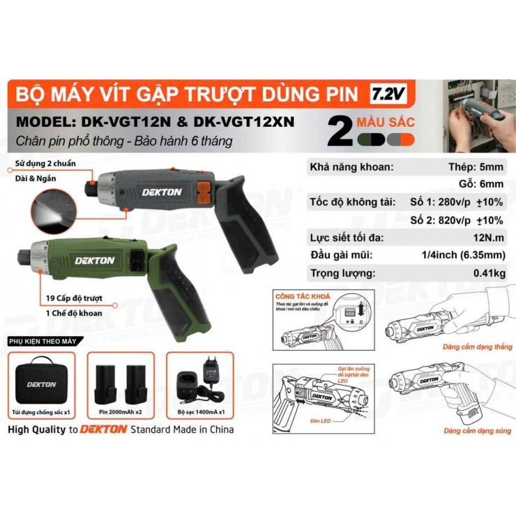 Máy bắn vít trượt Pin 7.2V Dekton DK-VGT12XN ( bộ )