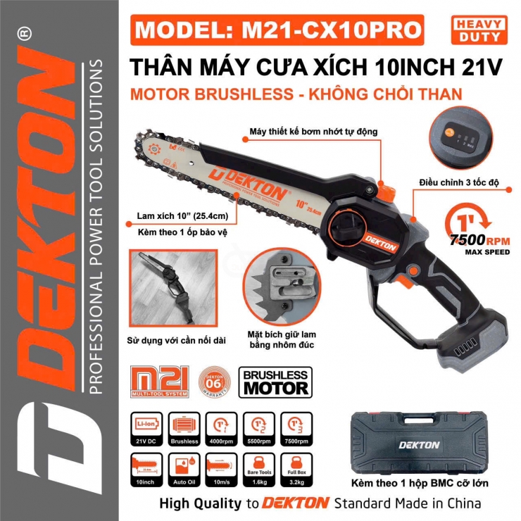 Máy cưa xích 10inch Pin 21V Dekton M21-CX10PRO ( chỉnh tốc 3 cấp ) ( chưa Pin & Sạc )