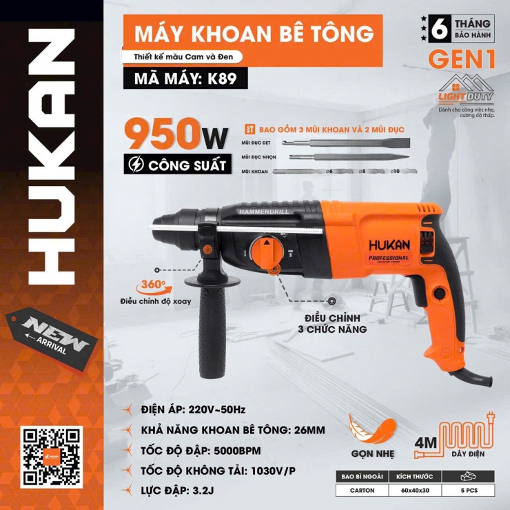 Máy khoan bê tông 3 chức năng Hukan K89